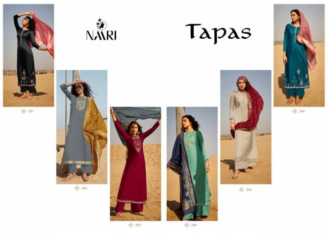 RSF (NAARI) TAPAS Fancy Designer Casual Wear Tusser silk coding work with silk jacard viscous dyeable dupatta Salwar Suit Collection